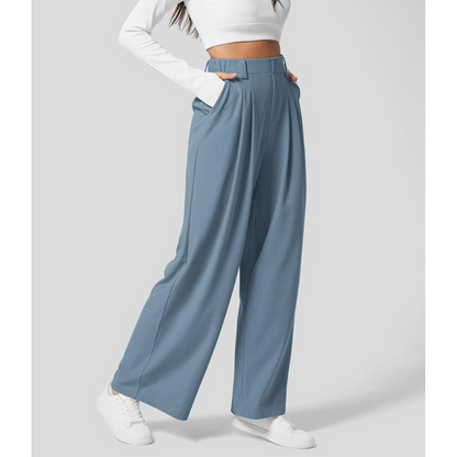 High Waisted Plicated Side Pocket Wide Leg Waffle Work Pants