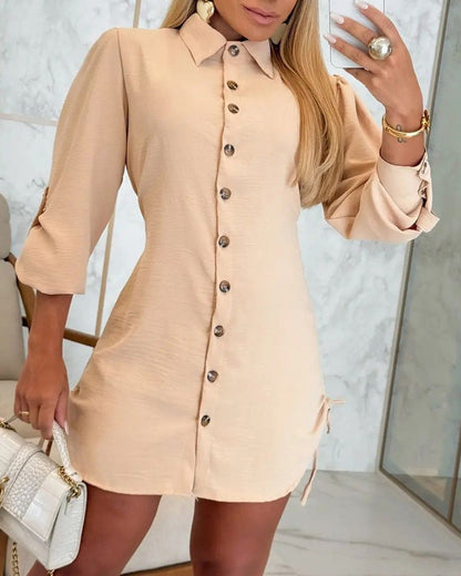 Long Sleeve Button Down Drawstring Shirt Dress