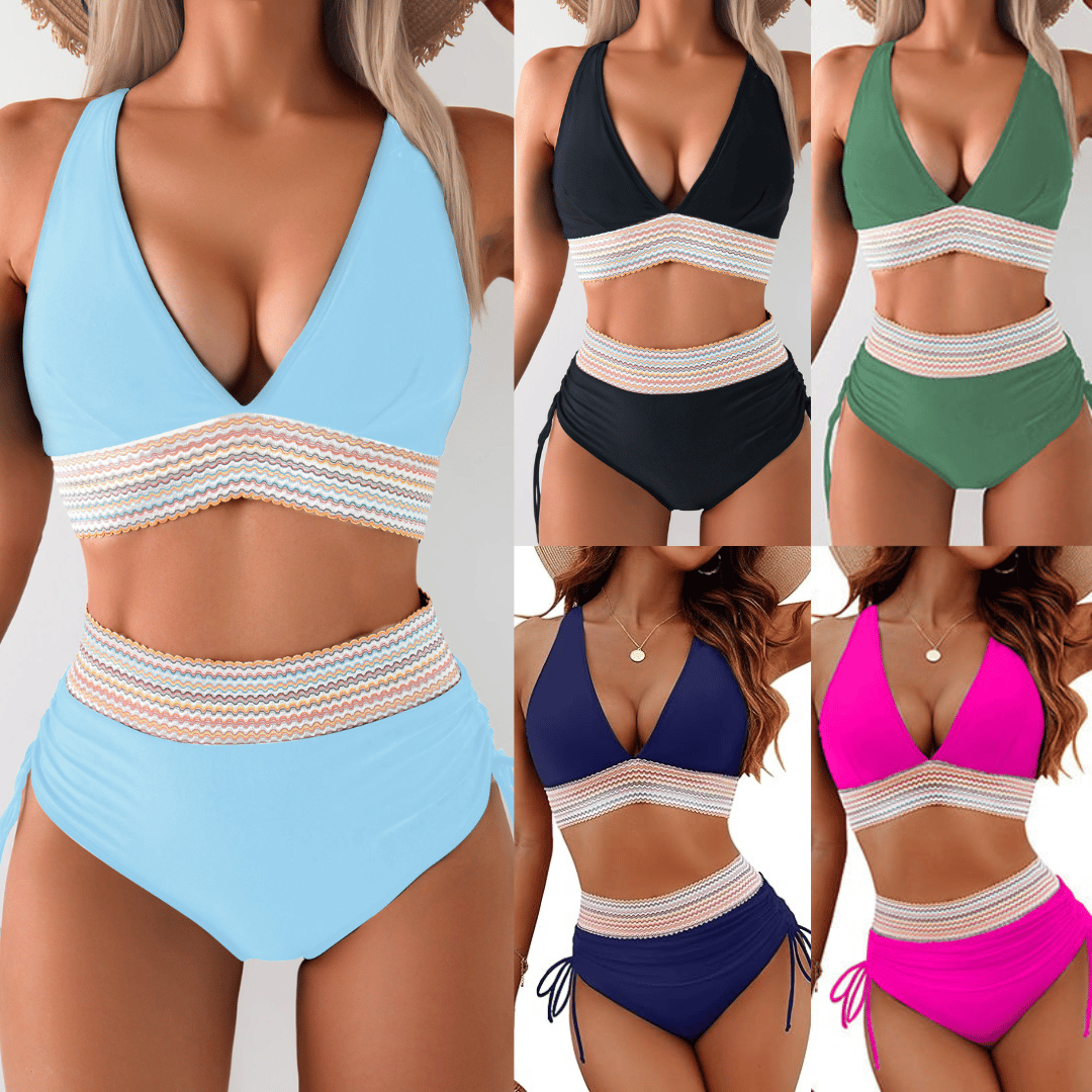 High Waisted Tummy Control Color Block Bikini Sets