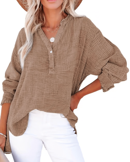 Womens Casual Button V Neck Long Sleeve Shirts Solid Blouses Tops