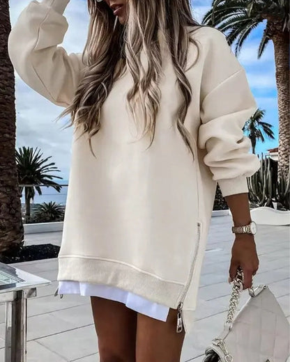 Casual Long Sleeve Zipper Slit Oversized Sweatshirt