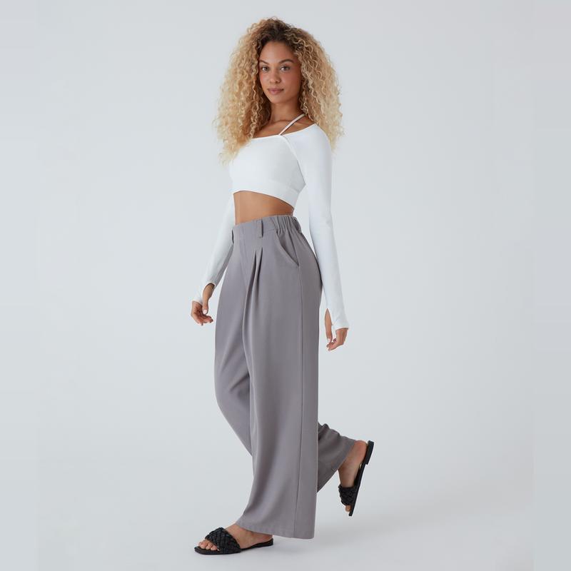 High Waisted Plicated Side Pocket Wide Leg Waffle Work Pants