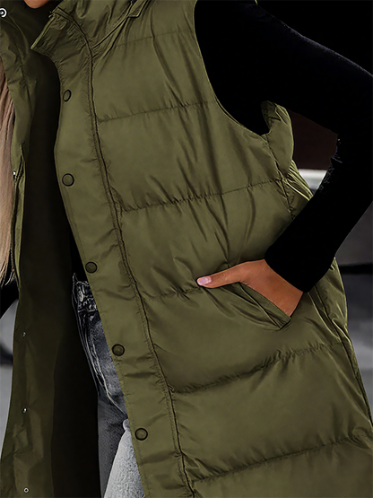 Women's Long Puffer Vest | Quilted Hood & Button Closure