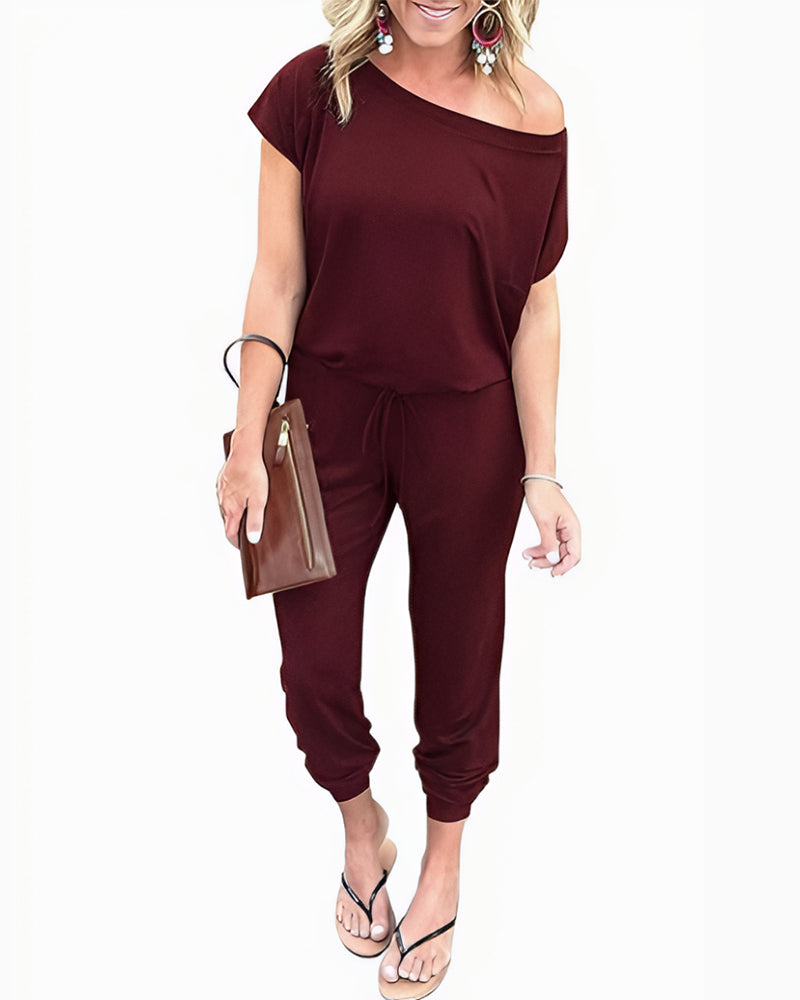 Off-Shoulder Short Sleeve Beam Foot Jumpsuit
