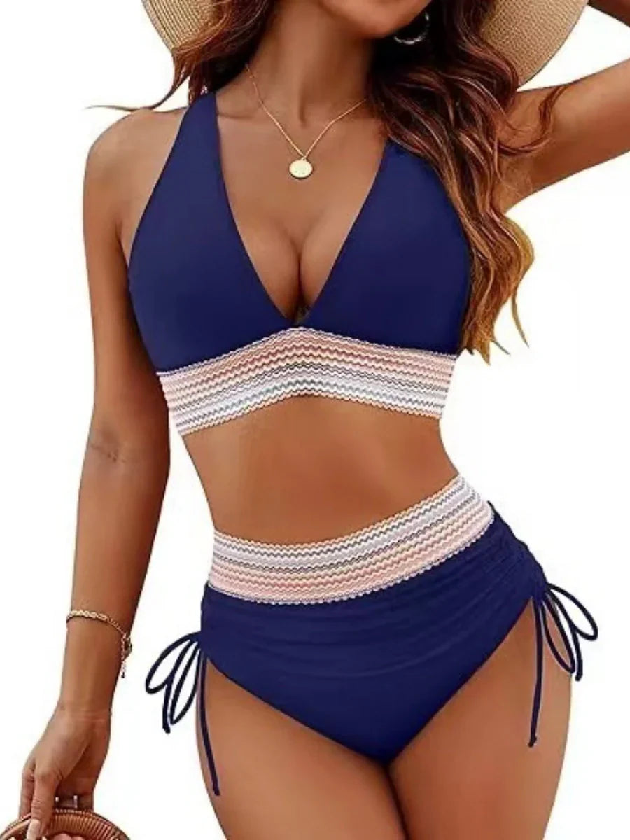 High Waisted Tummy Control Color Block Bikini Sets